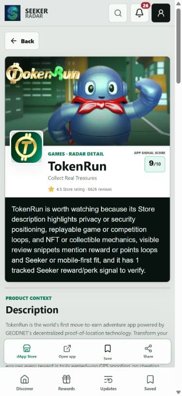 סקירת TokenRun במובייל של Seeker Radar עם תמונות מהחנות, דירוג, סיכום ראיות ופעולות